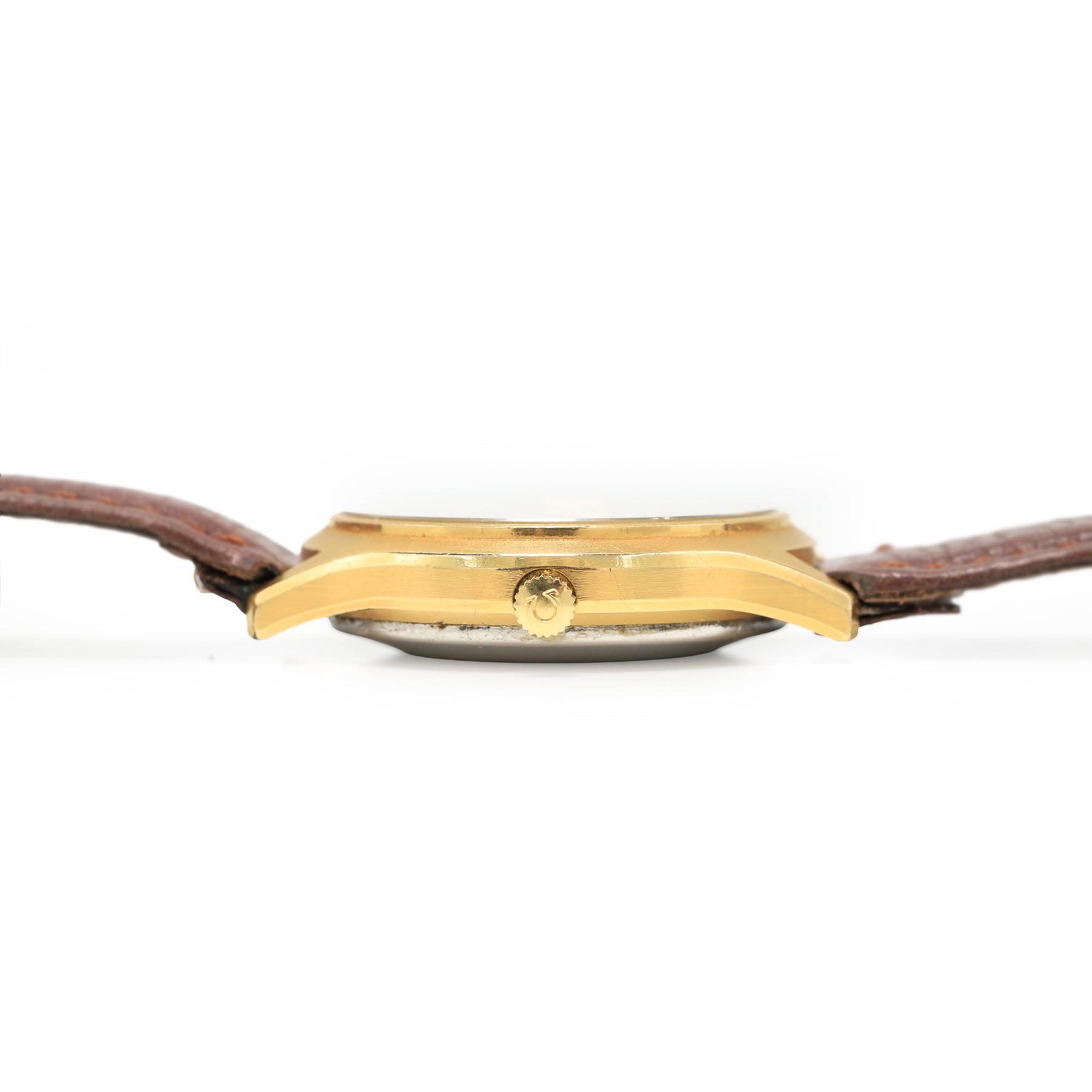 Omega De Ville gentleman's gold-plated and stainless steel quartz wristwatch, baton hour markers with date aperture, case No. 192.0027, on brown leather strap