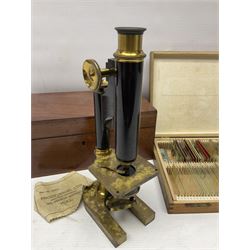 R & J Beck London microscope, model 7597, contained in fitted case, together with a boxed collection of glass microscope biological sample slides