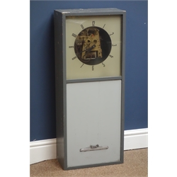  STR electric wall clock, square Arabic dial with visible brass movement in grey painted case, H86cm  