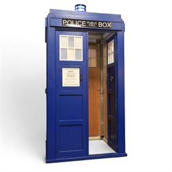 Doctor Who - full scale scratch built replica TARDIS, with functioning lantern and ringing telephone, the telephone door autographed by several Doctor Who cast members including Sylvester McCoy, Frazer Hines, Wendy Padbury, Janet Fielding and Caroline John
