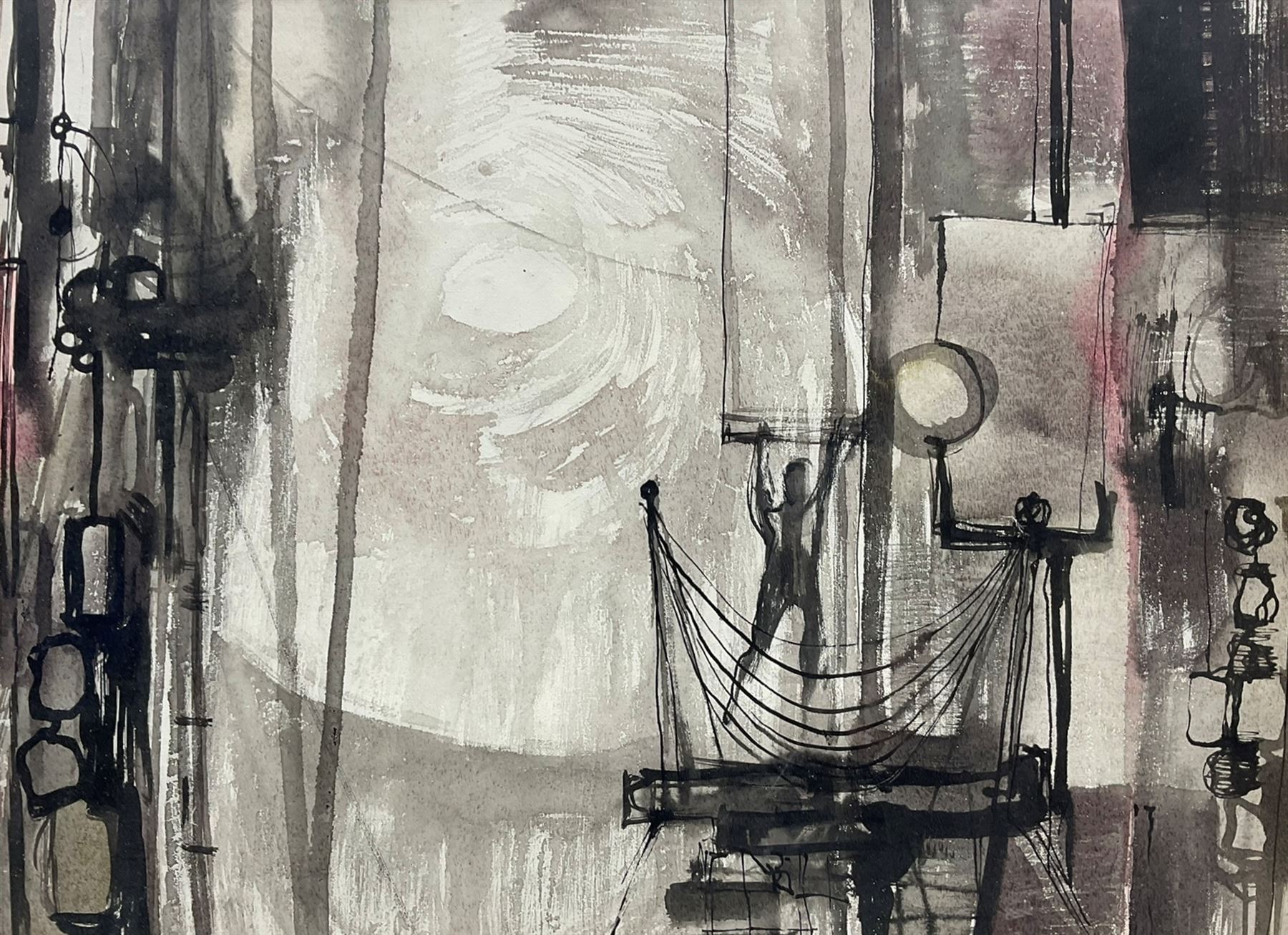 Charles Bone (British 1926-): 'Circus', watercolour sketch for a mural, titled on backboard, inscribed signed and dated 1950s on artist's Guildford address label verso 36cm x 49.5cm
Notes: Studied at Farnham College of Art and the Royal College of Art. Lecturer at Brighton University. Former Director of the Royal Institute Gallery in Piccadilly and Governor of the Mall Galleries. Appointed Vice President and then President of the Royal Institute of Painters in Watercolours