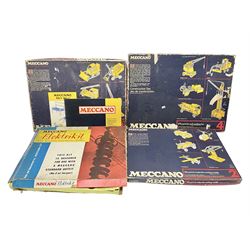 Meccano - Outfits 2, 3 & 4 with blue and yellow parts; look to be virtually complete with most apertures filled; together with a partially stocked Meccano Elekrikit; all boxed with instruction manuals (4)