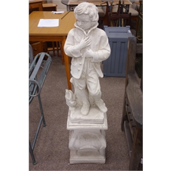  Painted composite stone figure of boy sheltering from the elements, on shaped column base, H120cm  
