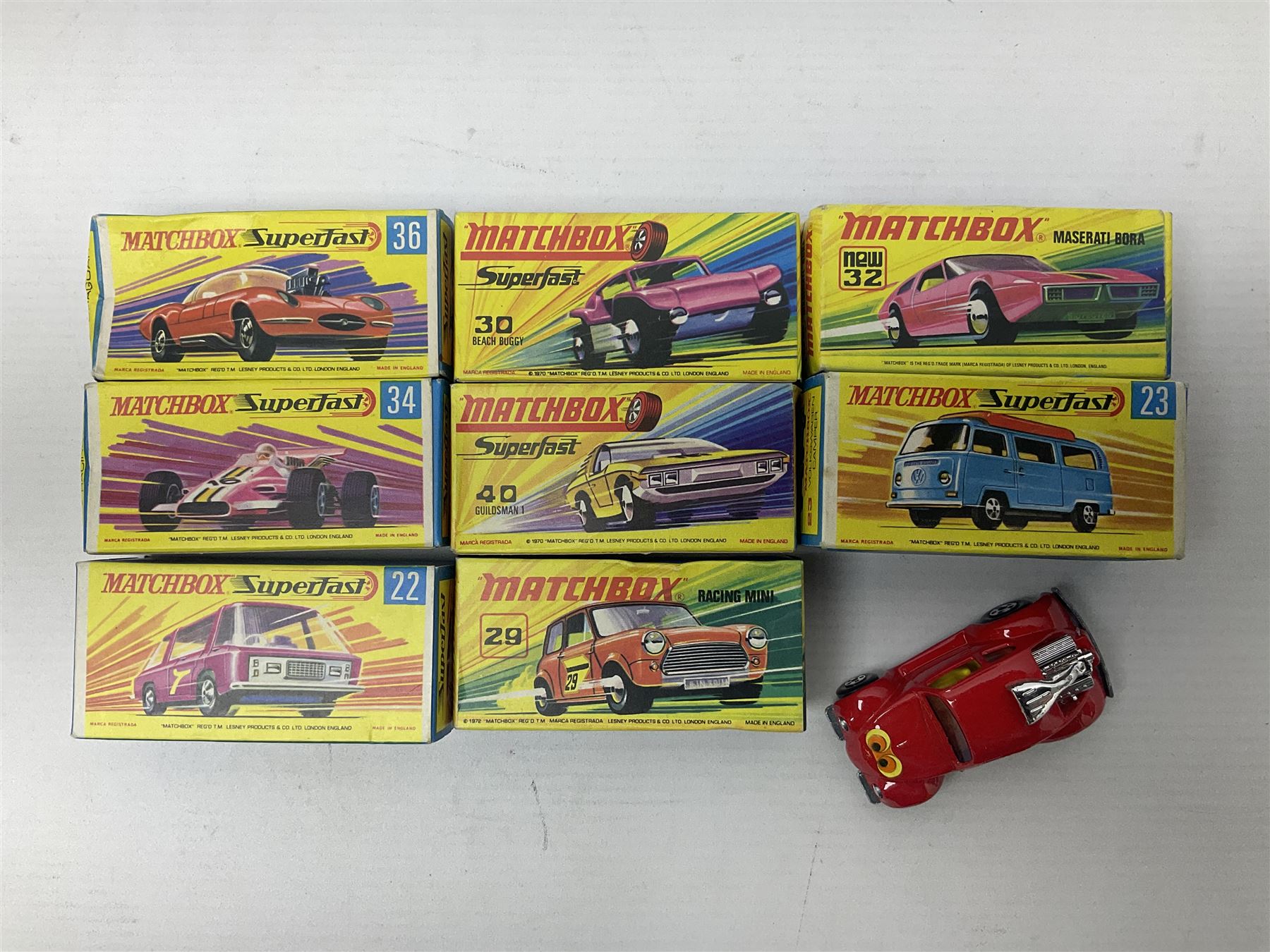 Matchbox 1-75 Series 'Superfast' ex-shop stock - eight models comprising 22d Freeman Intercity Commuter, 23e Volkswagen Camper, 29d Racing Mini, 30d Beach Buggy, 32d Maserati Bora, 34d Formula 1 Racing Car, 36d Hot Rod Draguar and 40d Vauxhall Gildsman 1; all boxed; and an unboxed 31d Volksdragon (9)