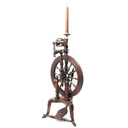 19th century carved rosewood and ivory mounted spinning wheel with leaf mounted turned spi...