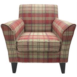 Next Home - traditional shaped armchair, upholstered in tartan fabric, raised on square tapering ebonised supports