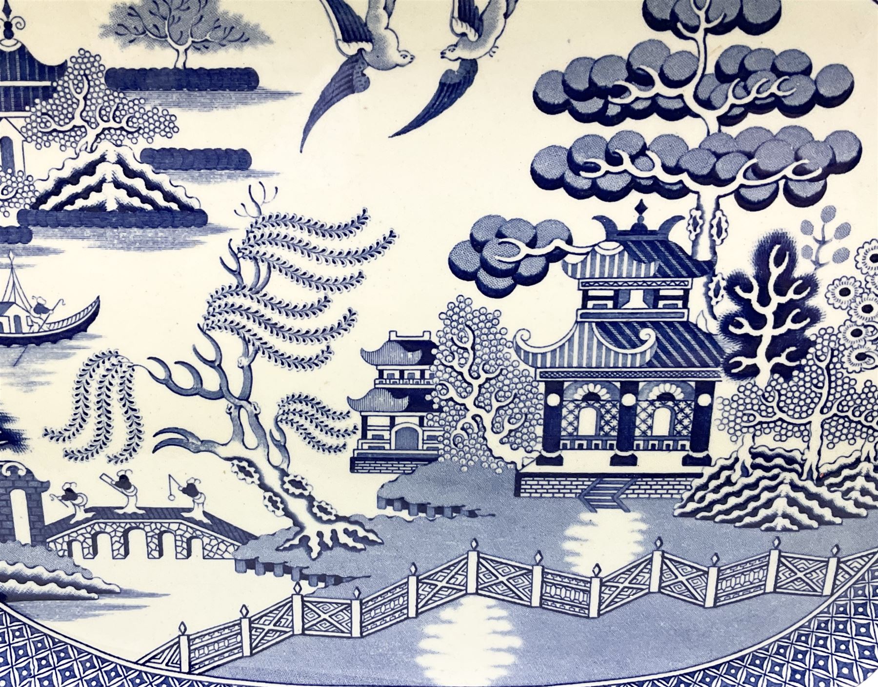 Victorian blue and white meat platter in willow pattern, L47.5
