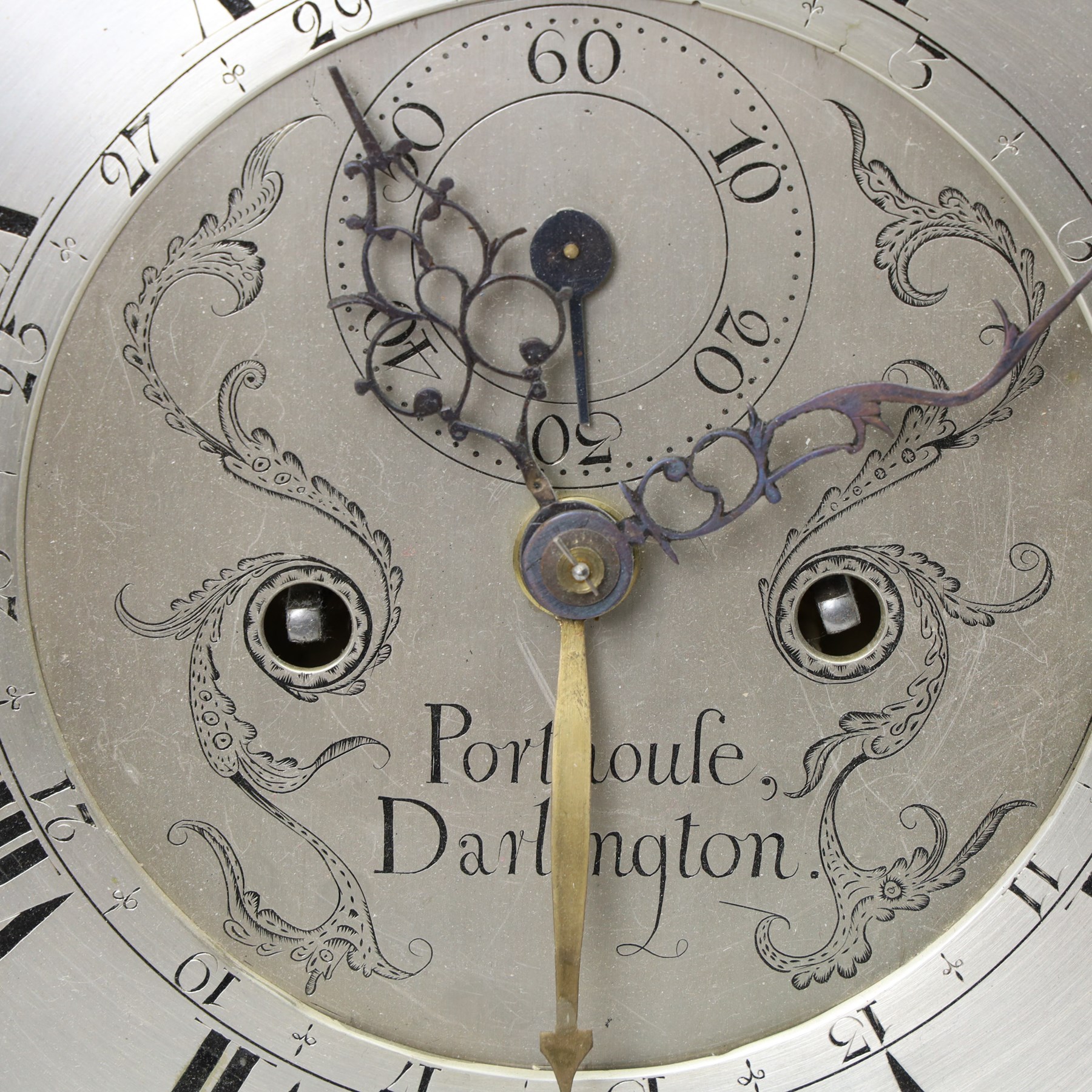 18th century longcase clock movement, the steel and brass dial inscribed Porthouse, Darlington, eight day with moon roller and centre calendar, seconds ring 44cm x 31cm
