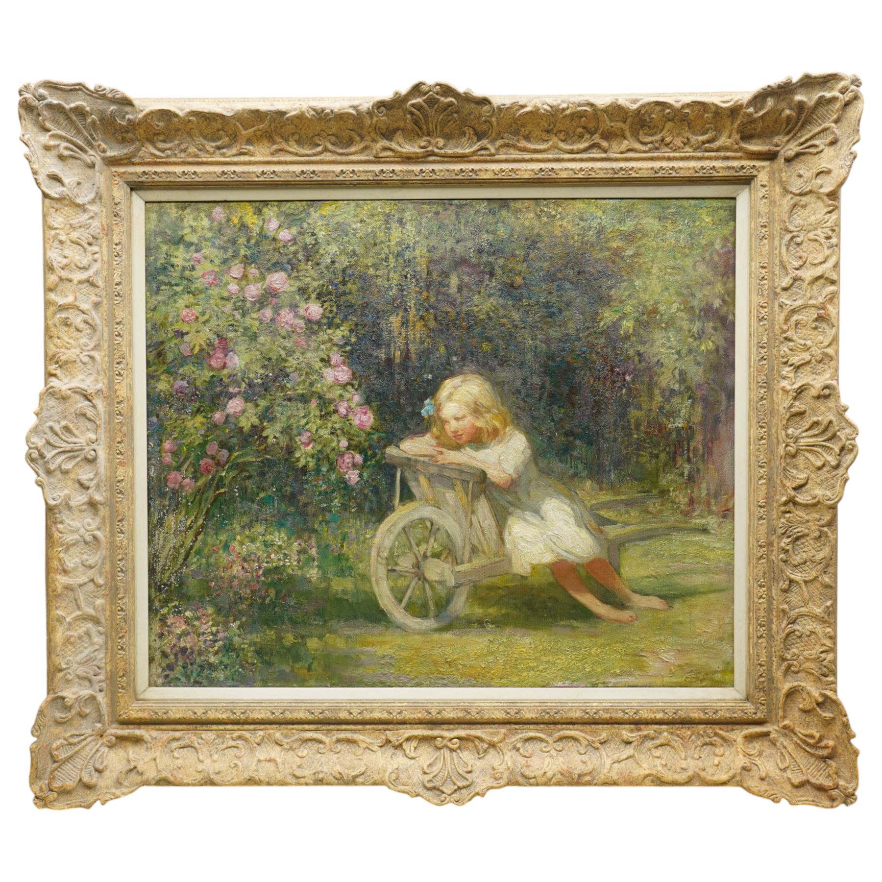 Alfred John Billinghurst: (British 1880-1963): 'Girl in a Barrow', oil on canvas unsigned, painted with a portrait of a girl reading painted verso 50cm x 60cm
Provenance: with 20th Century Gallery, London