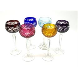A set of five harlequin overlaid and cut hock glasses, together with a matched flash example, H20cm. (6). 