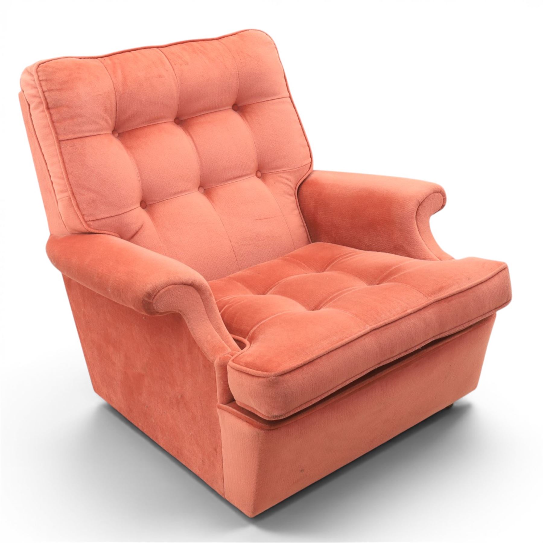 Parker Knoll - mid-century armchair suite, 'Model N30' recliner armchair with headrest and deep buttoned seat and back raised on castors, a wide armchair with deep button back and seat raised on castors, a wingback chair with flared scrolled arms, raised on cabriole supports