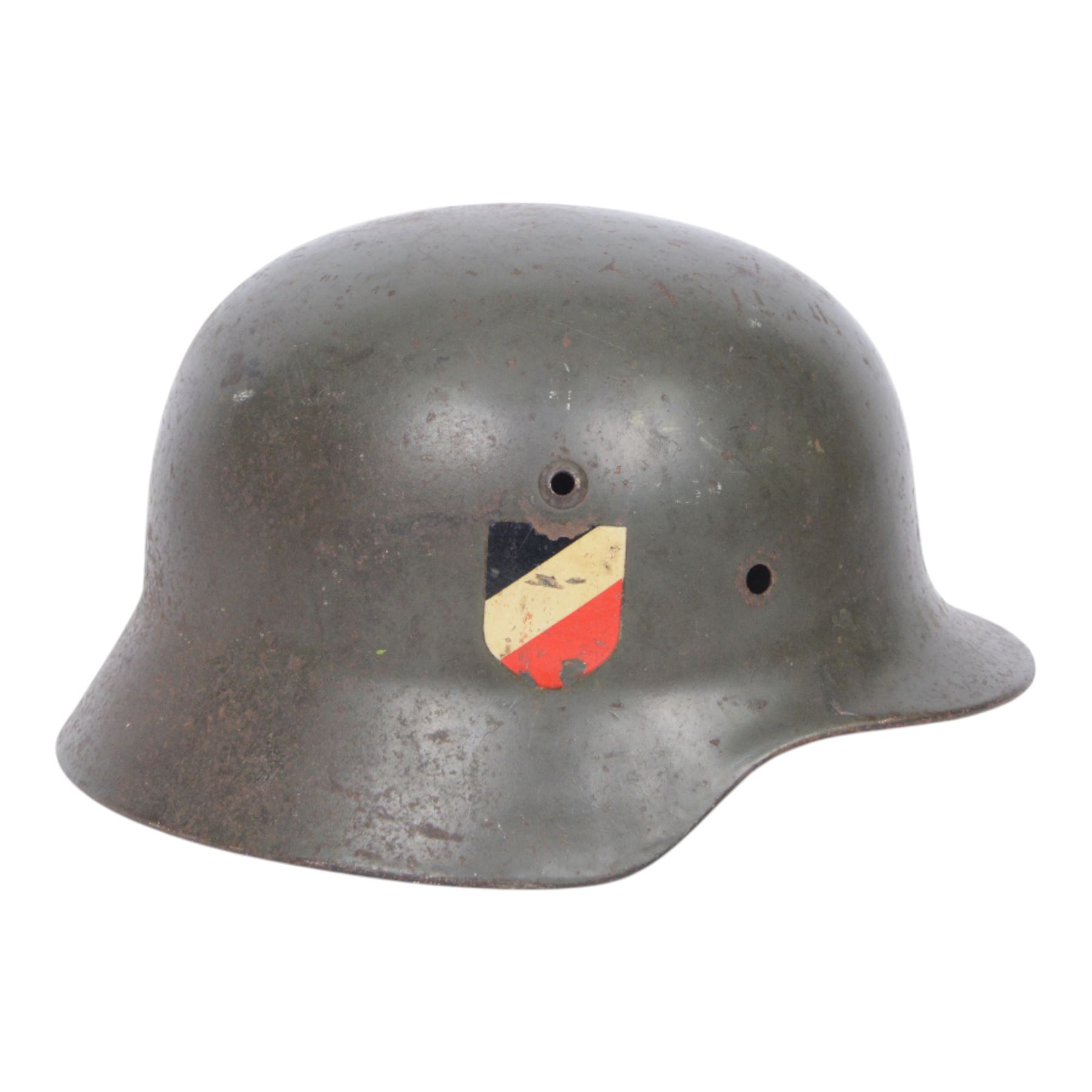 WWII German double decal steel helmet, M35, with both army and tri-colour decals, impress mark, stampings to helmet shell 4172 and ET62