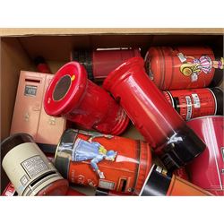 Collection of Post Box money boxes comprising ceramic, tin plate and plastic models, to include Crested Ware money boxes bearing motto ‘I Can’t Get a Letter From You So Send You The Box’ etc in three boxes