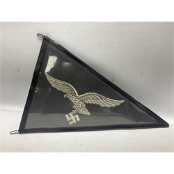 Pair of German winter snow boots, leather and felt with wooden soles; together with a replica WW2 German Luftwaffe car pennant (3)