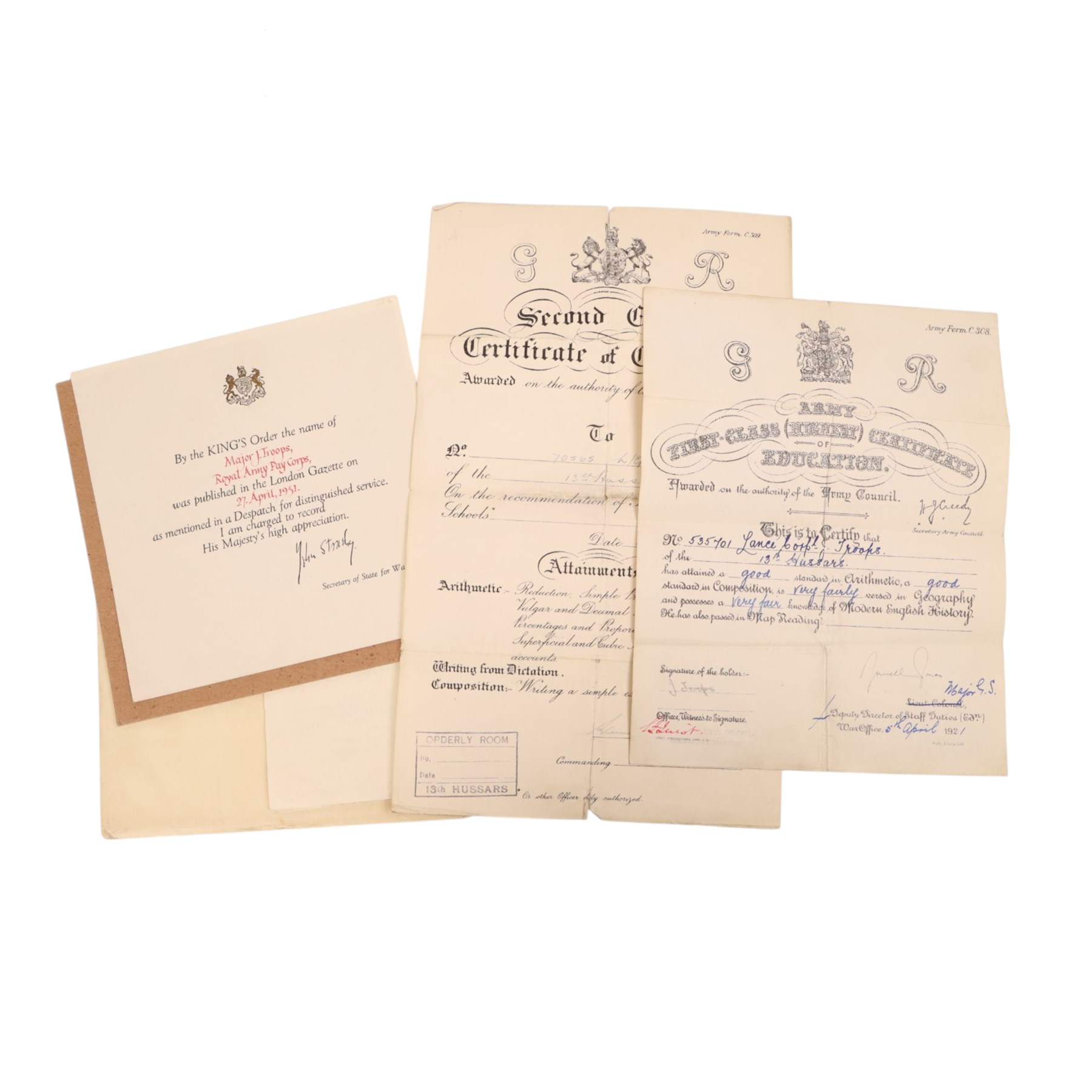 WWII medal set, comprising Defence medal, War medal, General Service medal with Malaya clasp and oak leaf, and Long Service And Good Conduct medal, awarded to Major J Troops. R.A.P.C, together with the matching miniatures, medal bar, Royal Army Pay Corps cap badges and ephemera relating to J Troops       