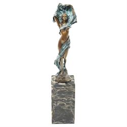 After Milo - bronze sculpture of a dancing lady, on two-tone plinth, H35cm 