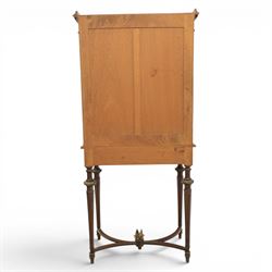 French kingwood display vitrine, rectangular glazed case with baized lined interior, parquetry banding and gilt metal bead mounts, applied gilt metal foliate corner mounts, raised on turned supports united by shaped undertier stretchers
