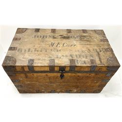 Early 20th century pine travelling chest single hinged lid