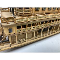 Hand built model of a river paddle steamer 'King of the Mississippi' and a sailing ship with three masts and unfurled sails, largest example H80cm, L101cm