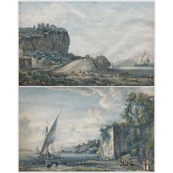 After Abraham-Louis-Rodolphe Ducros (Swiss 1748-1810): View of the Bay of Baiae and an Italian Hillside Villa, pair 18th century watercolours unsigned, one with Sotheby label verso 31cm x 48cm (2) 
Notes: an almost identical watercolour of the Bay of Baiae of a similar size by Ducros was sold in The Ingram Collection, Sotheby's London 8th December 2005 Lot 104.