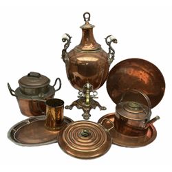 Quantity of copper to include samovar with white ceramic handles and brass tap, copper and brass 'Sirram' kettle, other copper plates and tankard etc