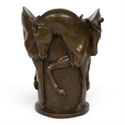 Bronze vase, of tapering cylindrical form, cast with the forms of four prancing horses, signed Milo and with foundry mark, H25cm D19cm