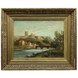 T Stephenson (British 19th century): Richmond Castle from the River Swale, oil on canvas signed and dated '94, housed in ornate gilt frame with foliate design 44cm x 59cm