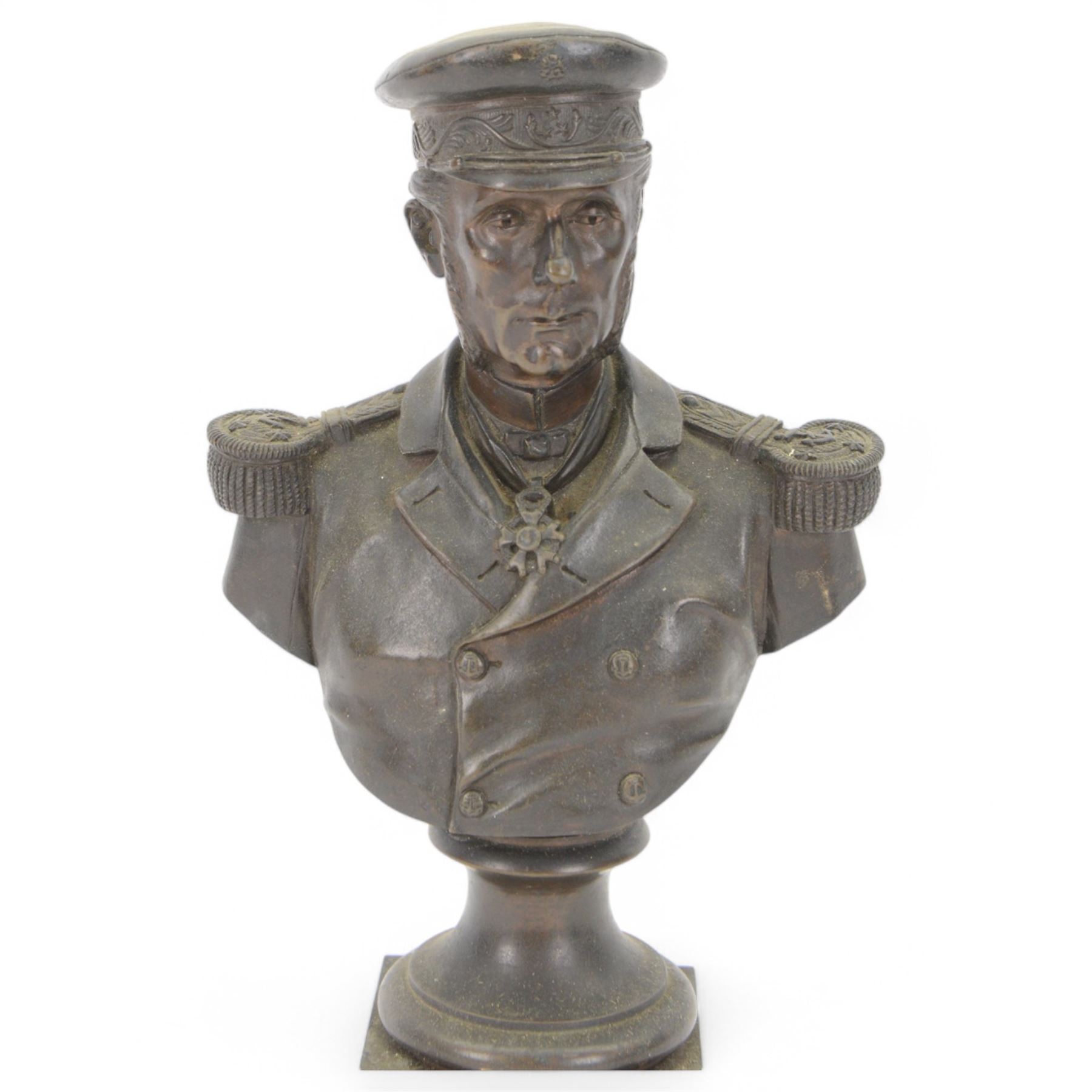 Bronze bust of a male figure in military dress, H24cm
