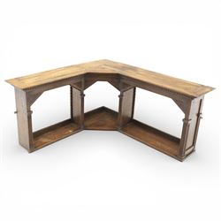20th century oak angular hanging wall shelf, moulded plank top forming three joined sectio...
