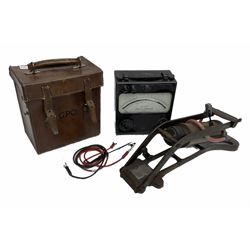 GPO Volts and Amperes Meter, in a leather case and Kismet Duplex master foot pump, with metal base and shaped pipe