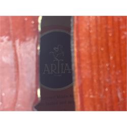 Two student half-size cellos - Boosey & Hawkes Artia with 65cm one-piece back and spruce top; bears maker's label; L104cm overall; and Romanian with 65.5cm two-piece maple back and ribs and spruce top; bears label; L108.5cm overall; each in soft carrying case with two bows (2)