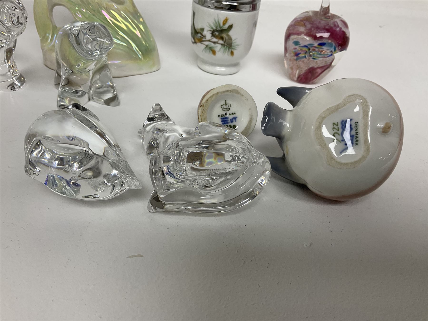 Royal Copenhagen Robins no 2238 and 2266, together with Jena Holland angel fish and three Hadeland glass animals etc