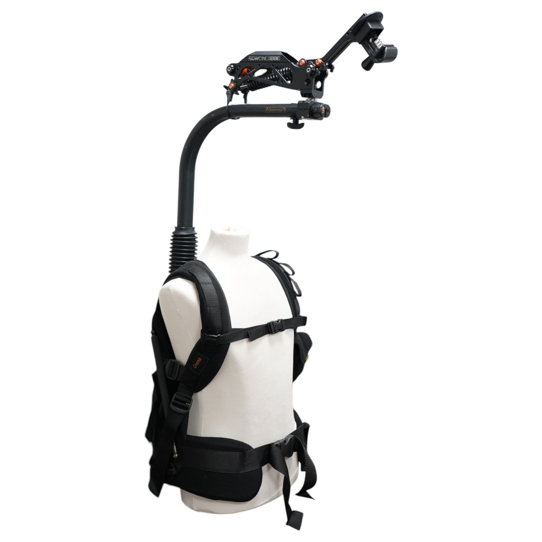 Easyrig Vario 5 Cinema Vest with Flowcine Serene arm, contained within an Easyrig bag