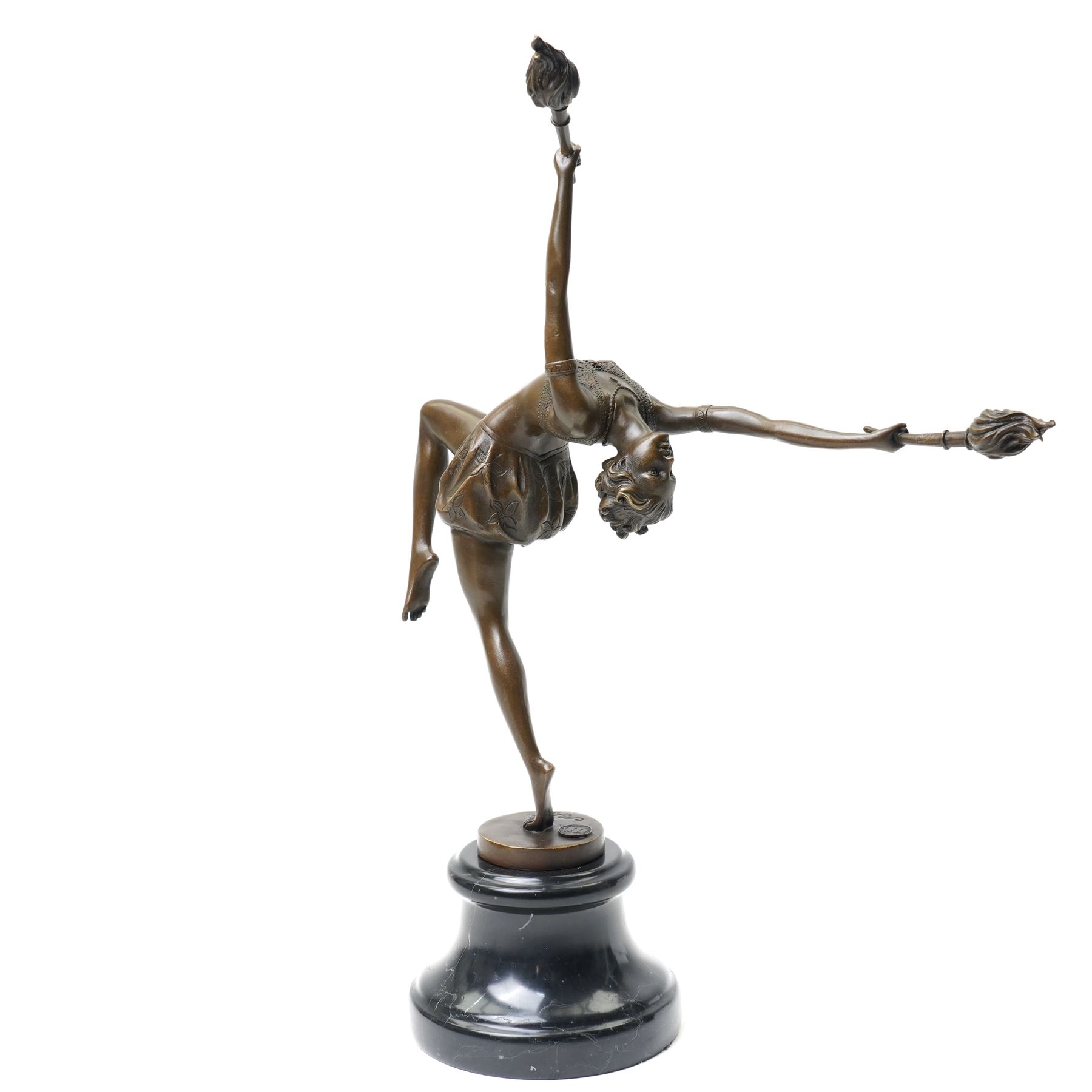 Art Deco style bronze figure of a female dancing with flame torches, raised upon marble socle base, signed F. Paris, H43cm