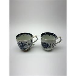 18th century Lowestoft coffee cup and saucer, each decorated in the Sunflower pattern with conforming floral spray, saucer with variant border, cup H6cm, saucer D12cm, together with a further Lowestoft coffee cup, decorated in the Mansfield pattern, circa 1780, H6cm 