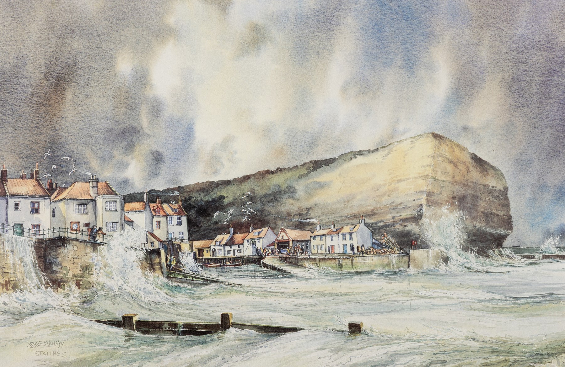 John Freeman (British 1942-): 'Runswick Bay' and 'Staithes', one watercolour signed titled and dated '96 and one limited edition coloured print signed and numbered 8/500 in pencil max 25cm x 38cm (2)