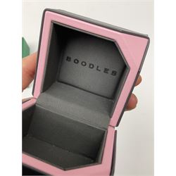 Collection of jewellery boxes including a vintage Boodle & Dunthorne bracelet box, two modern Boodles boxes, two Cartier Santos 701 sunglasses cases, one other Cartier box, Harrods cufflink/ring box and a Penlington & Batty necklace box (8)