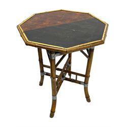 W.F. Needham - Victorian bamboo occasional table, octagonal lacquered top, the bamboo joined by metal brackets, brass cups stamped 'W.F Needham'