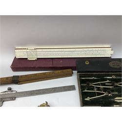 Two Victorian brass sovereign scales, one marked 'Harrison' L10cm; cased set of drawing instruments by G. Thornton Limited Manchester; Chesterman No.770/1 steel vernier caliper; two boxwood rulers; cased slide rule; brass and boxwood rope/wire gauge etc