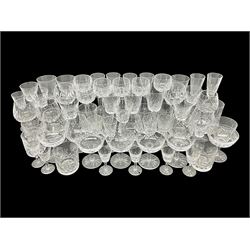 Set of Waterford Crystal Lismore pattern drinking glasses for six people, including hock glasses, goblets, champagne flutes,  sherry glasses, liqueur glasses, hi ball glasses, whisky glasses, brandy balloons, etc, all with etched maker's mark beneath  (62)