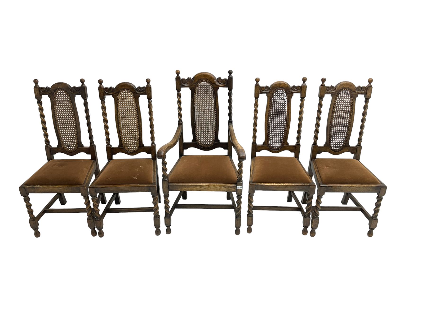 Set five early 20th oak barley twist dining chairs, spiral turned supports with oval cane-work backs, drop-in upholstered seats, on spiral turned supports joined by plain stretchers 
