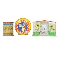 Ten vintage tin plate money boxes, including mechanical clown money bank, Chocolate Slot Machine, Watch Me Grow money box, mechanical Punch & Judy money box, etc, tallest H15cm