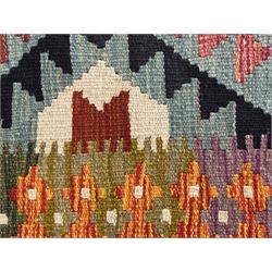Afghan Maimana Kilim flatweave runner, handwoven with a deep teal ground showcasing a vibrant multicoloured diamond-lattice design in the traditional Maimana style, enclosed by stylised borders and finished with fringed edges 