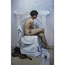 Continental School (20th century): Female Nude with a Viola, oil on canvas indistinctly signed 90cm x 60cm