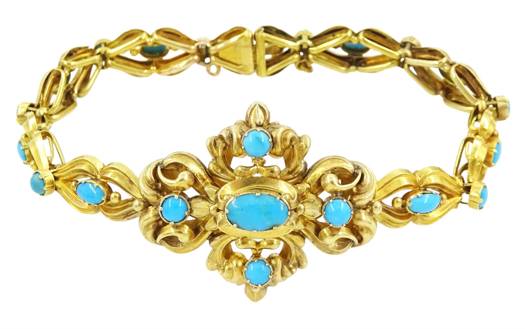 Victorian gold  turquoise bracelet, the scroll design centrepiece set with five cabochon turquoise, on a fancy link turquoise bracelet, in fitted velvet and silk lined box