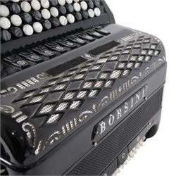 Borsini Professional 5-Row Chromatic button accordion, with 92 white pearlescent chromatic buttons and 136 bass buttons, possibly a custom model, in black high gloss case, with carry strap and original hard carrycase