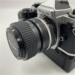 Nikon FE2 camera body, serial no. 2043167, with 'Nikon Zoom-NIKKOR 35-70mm 1:3.3-4.5' lens, serial no 3006624 and Nikon MD-12 Motor Drive, serial no. 1679037