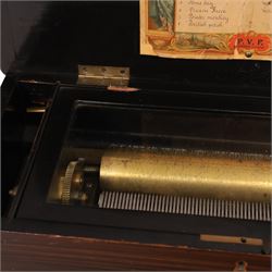Swiss-Late 19th-century inlaid rosewood musical box playing eight airs, 78 tooth steel comb and brass cylinder, crank operated going barrel with a jewelled governor, with original tune sheet, W51cm 
