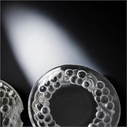Rene Lalique (French 1860-1945), pair of Marienthal pattern glass ice cream plates, model 3034, designed circa 1930, acid etched R Lalique France beneath, D18cm