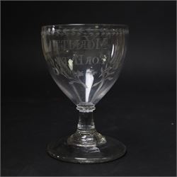 Early 19th century electioneering glass rummer, circa 1800-1830, the funnel bowl engraved with the inscription 'MORRITT FOREVER', and initials 'Y I M' verso, within leafy sprigs and beneath a husk band to rim, upon a plain short spreading stem, upon conical foot, H13.5cm

John Bacon Sawrey Morritt (circa 1772–1843) of Rokeby Park was a traveller, classical scholar, landowner, politician, and friend of Sir Walter Scott. He sat in Parliament for Beverley (1799–1802) and later for Northallerton (1814–1818), periods when fiercely contested elections often produced engraved drinking glasses as campaign propaganda, which were distributed in taverns and at election dinners. Examples connected to local candidates such as this are particularly scarce and survive as rare intersections of political history and material culture. 